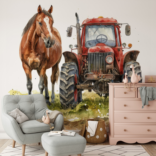 Fototapete Traktor und Pferd