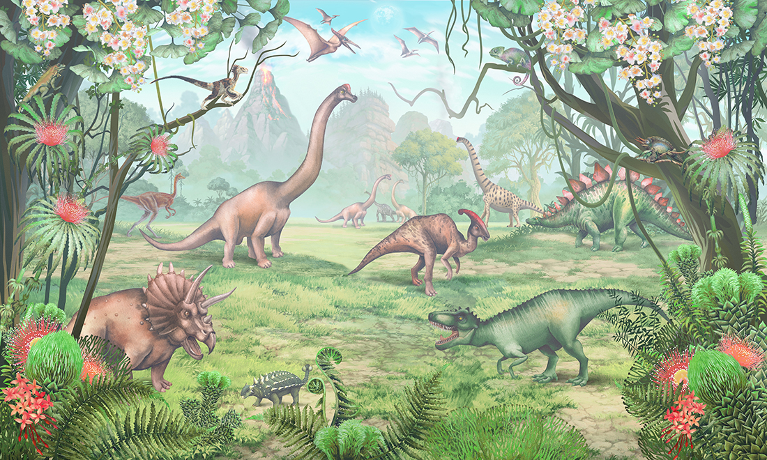Watercolor,Dinosaur,Wallpaper,For,Boys,,Dinosaur,Illustration,,Tropical,Jungle,Wall