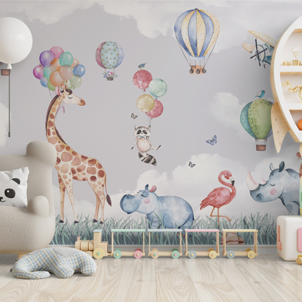 Fototapete einer Giraffe mit Luftballons