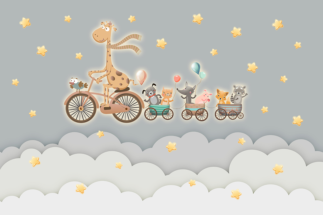 Children's,Picture,Animal,On,Bicycles,Above,Clouds,On,Gray,Background