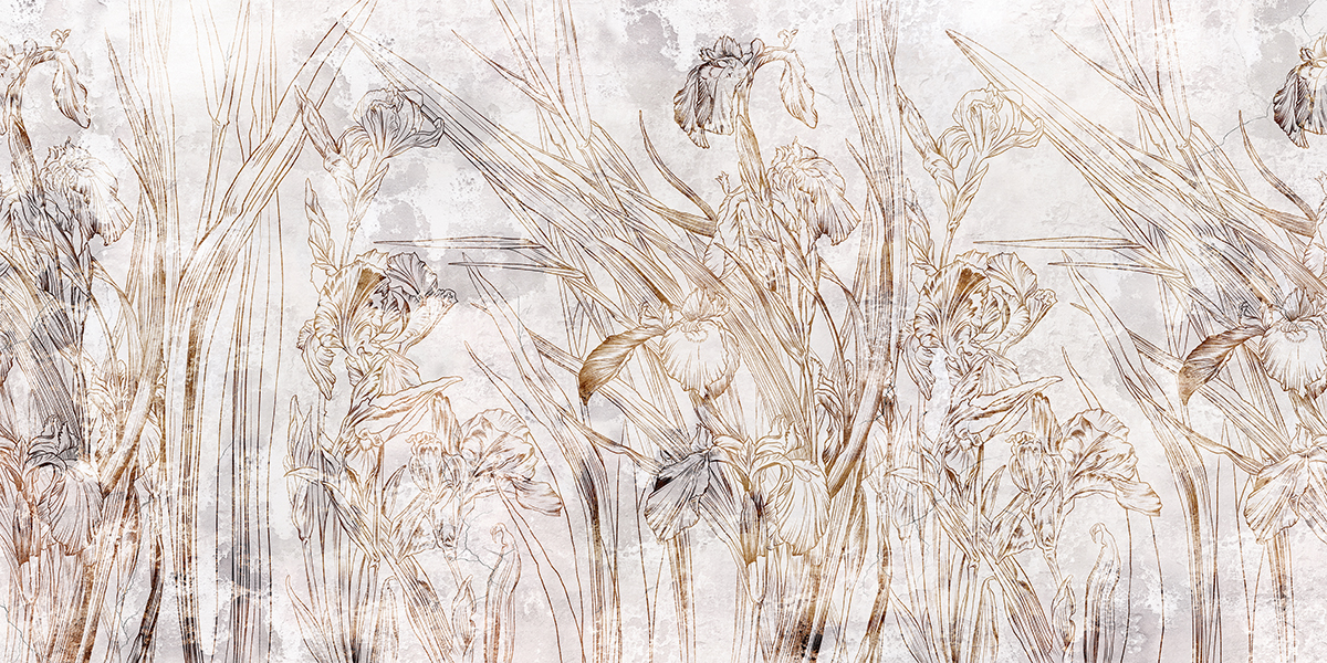 Graphic irises flowers painted on a grey grunge wall. Floral bac
