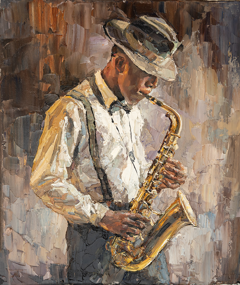 Stylish jazz band playing music on the scene, background is brown. Palette knife technique of oil painting and brush.
The jazzman plays the sexophone.