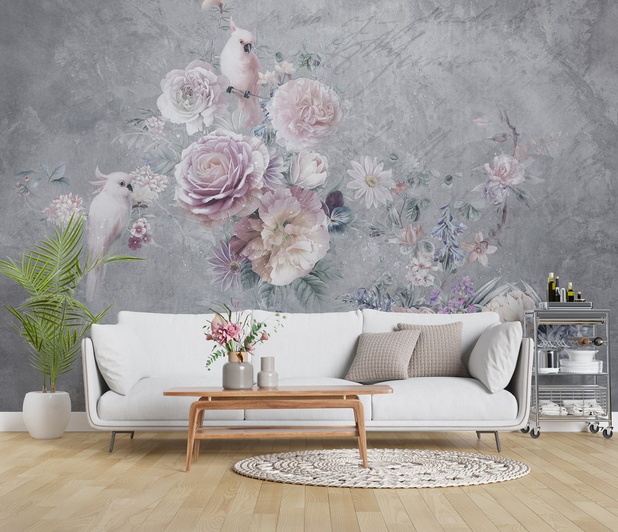 Wallpaper Weiße Sittiche in Blumen