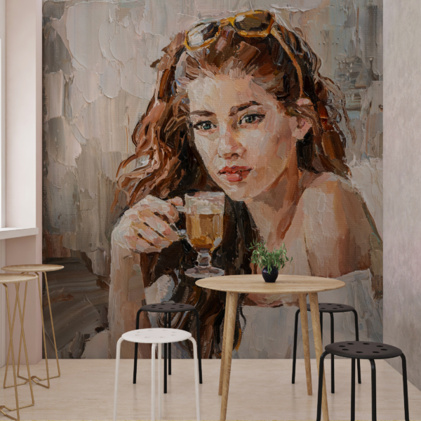 Wandgemälde eines kaffeetrinkenden Mädchens