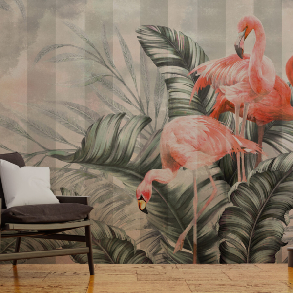 Wandgemälde von Flamingos im Laub