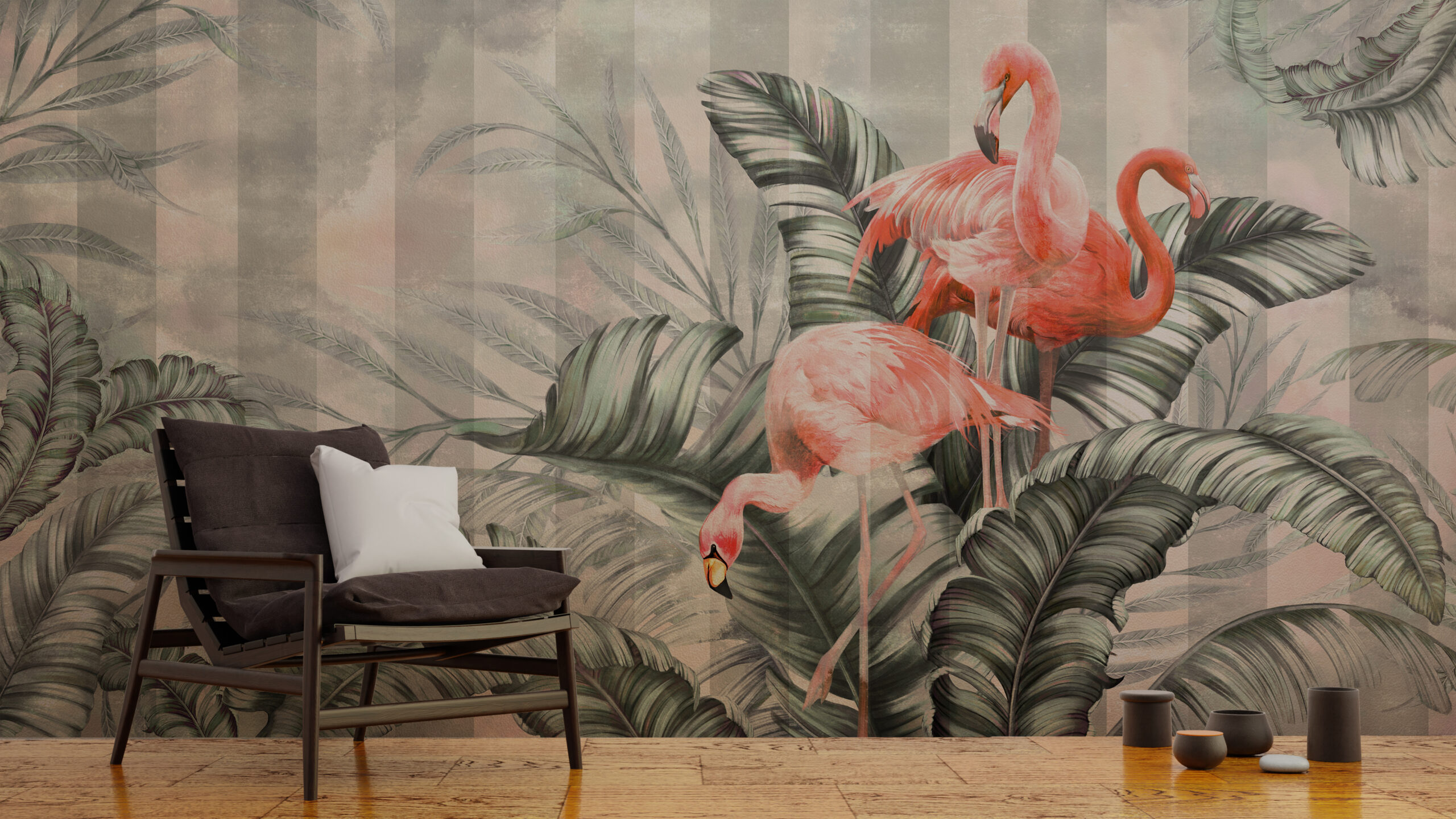Wandgemälde von Flamingos im Laub