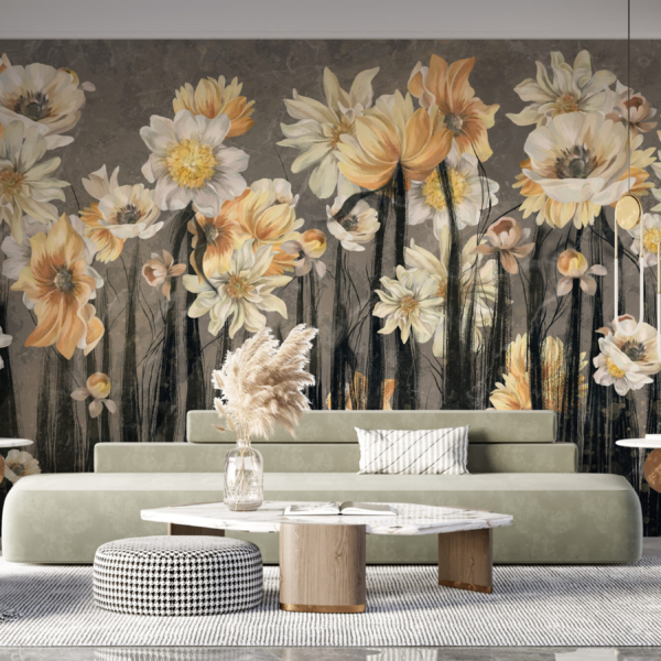 Fototapete Blumen auf schwarzen Stängeln