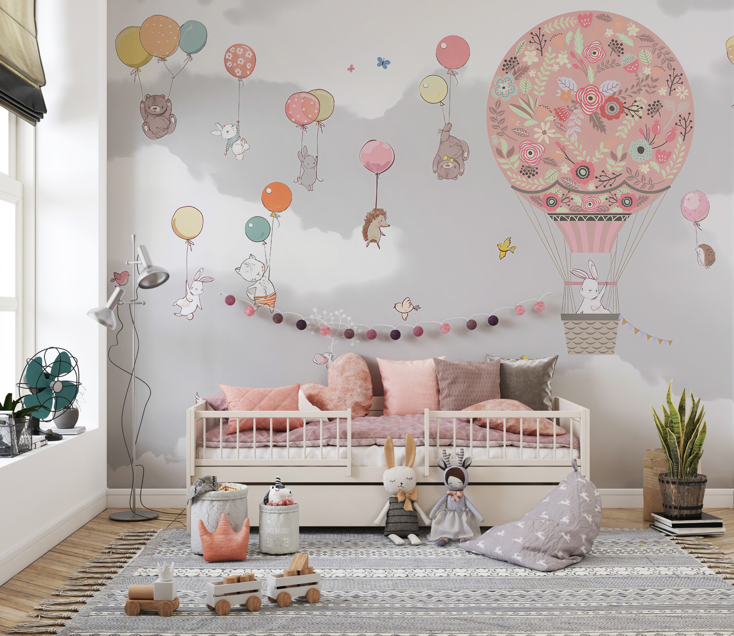 Fototapete mit einem Flug rosa Luftballons