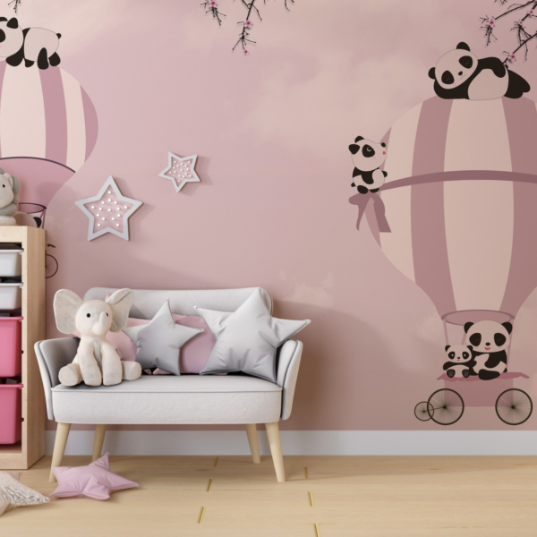 Wandgemälde Pandas im rosa Himmel