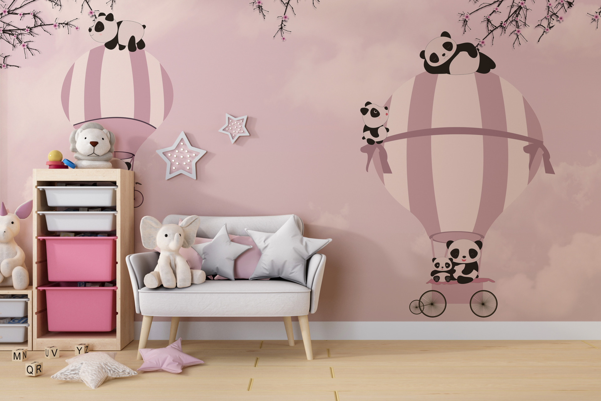 Wandgemälde Pandas im rosa Himmel