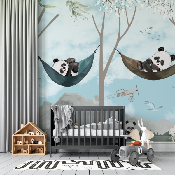 Fototapete Fröhliche Pandas in einer Hängematte