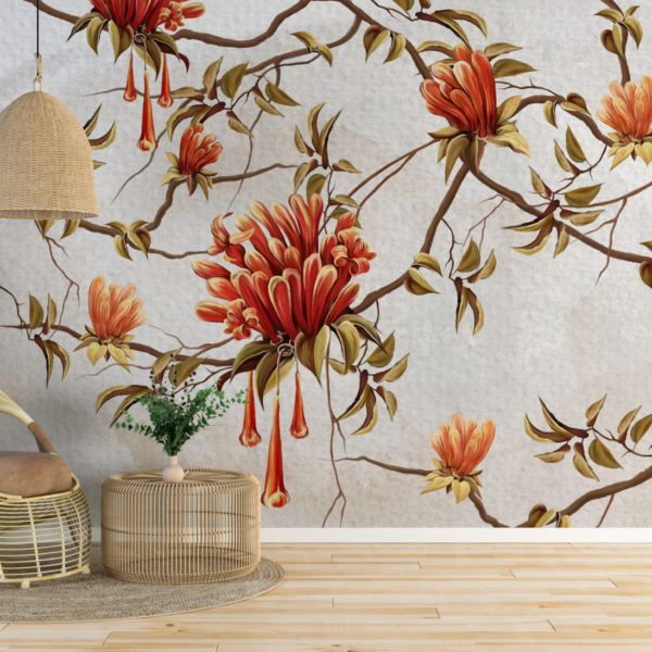 Wandmalerei mit roten Blumen auf weißem Hintergrund