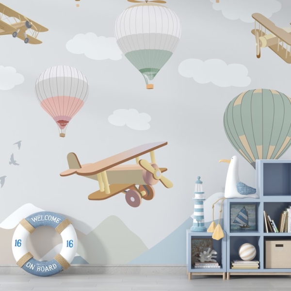 Fototapete Flugzeuge und Luftballons für Baby