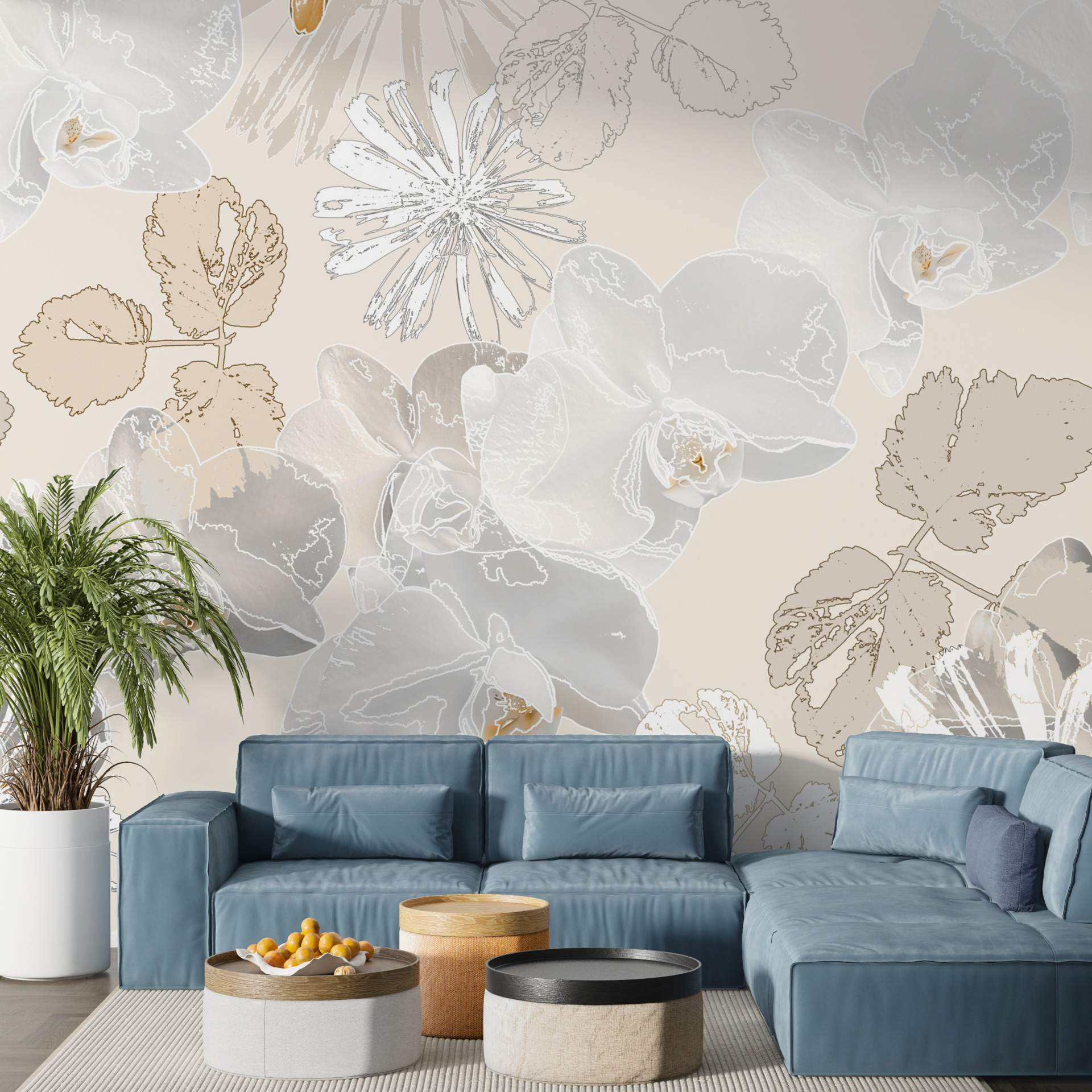 Fototapete Graue Orchideen und weiße Gänseblümchen