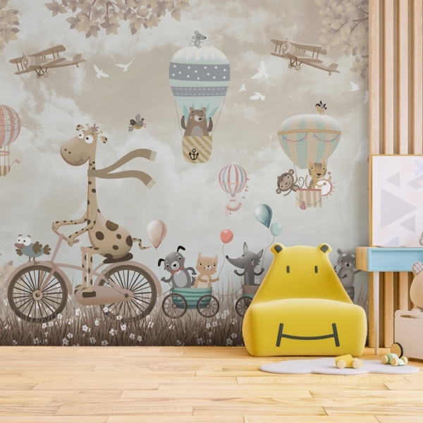 Fototapete mit einer Giraffe auf einem Fahrrad für Kinder