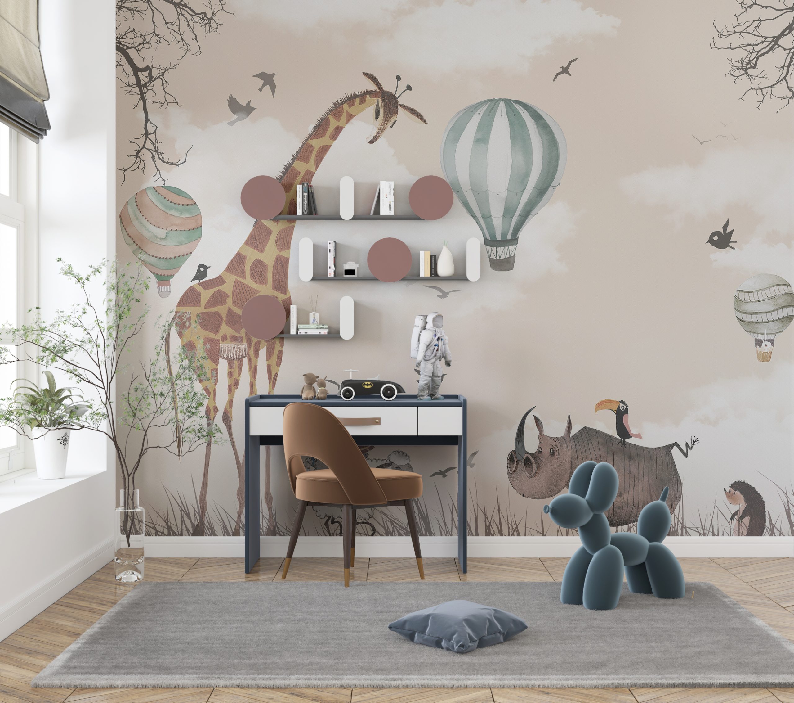 Wandgemälde einer Giraffe und Luftballons