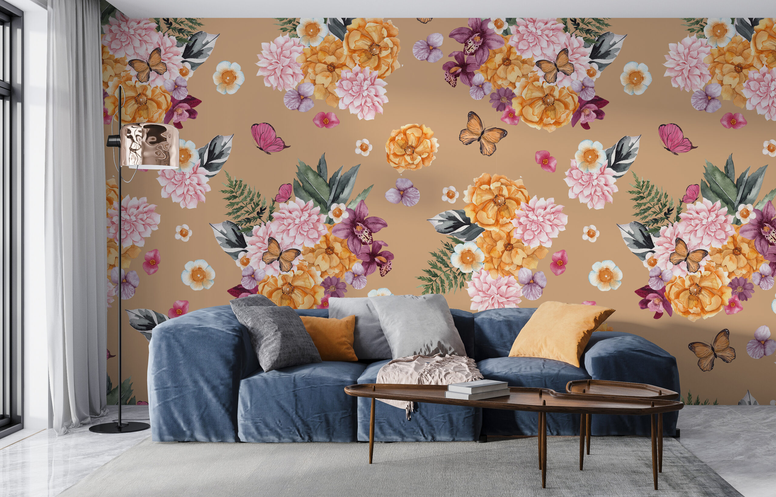 Fotowand Fröhliche Blumen und Schmetterlinge