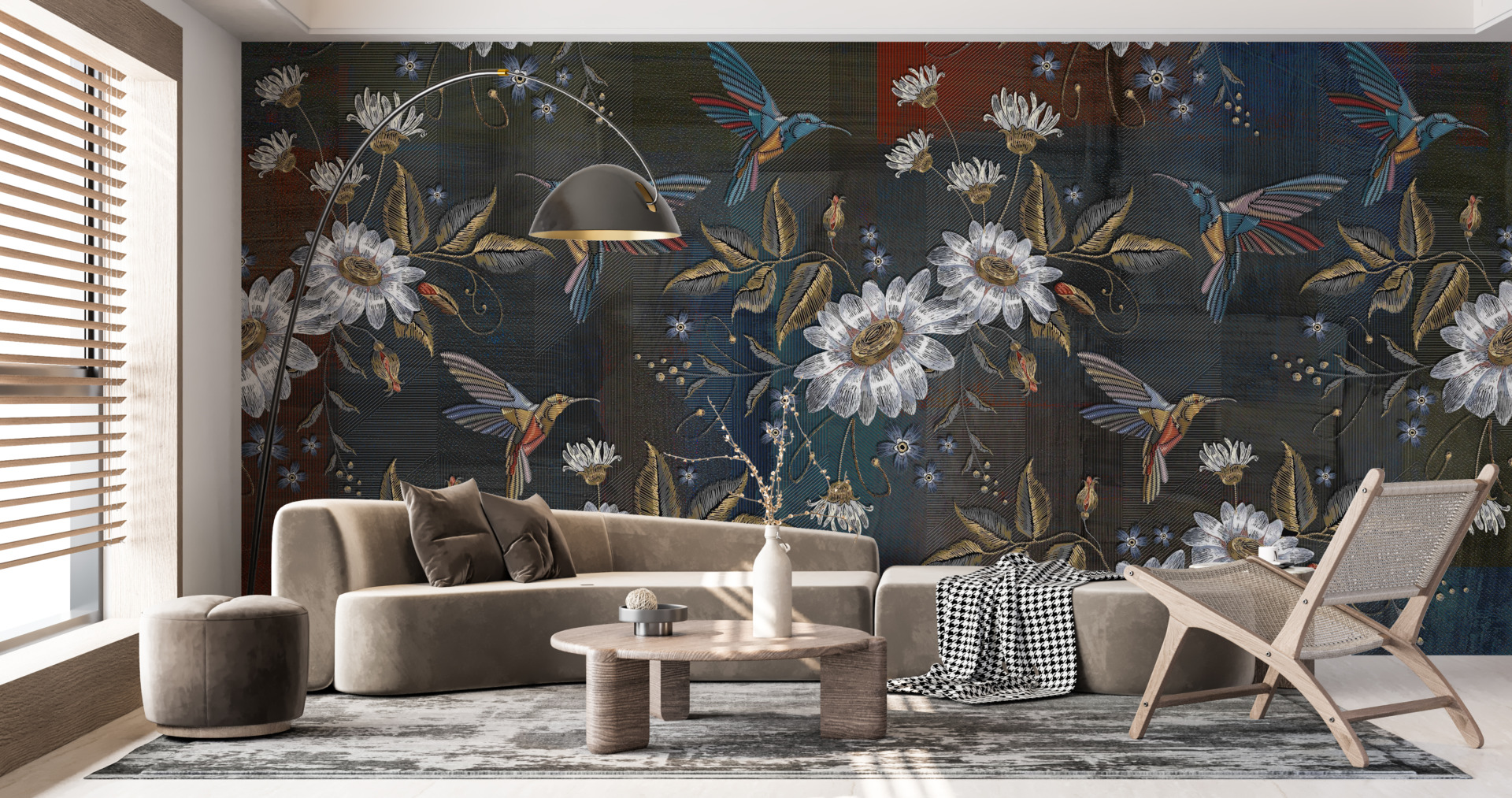 Fototapete Weiße Blumen und Kolibris