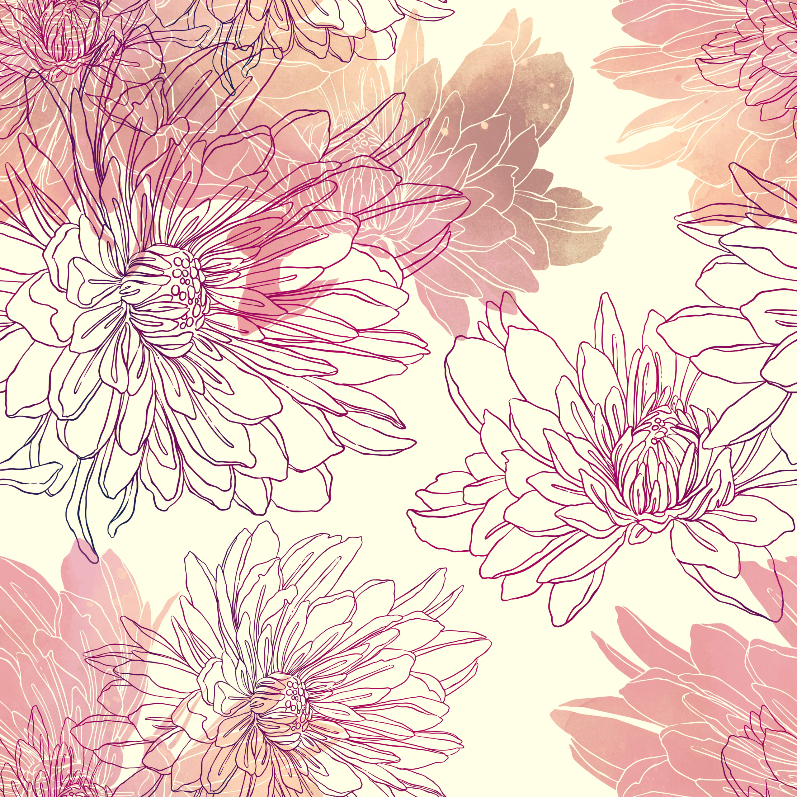 Imprints,Japanese,Chrysanthemums,Mix,Repeat,Seamless,Pattern.,Watercolor,And,Digital