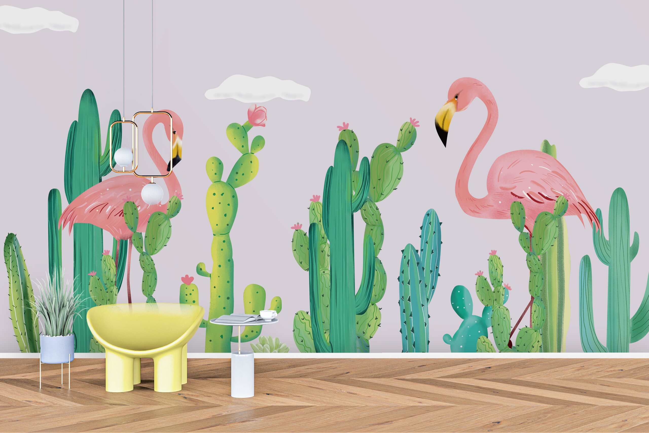 Wandgemälde mit Flamingos und Kakteen