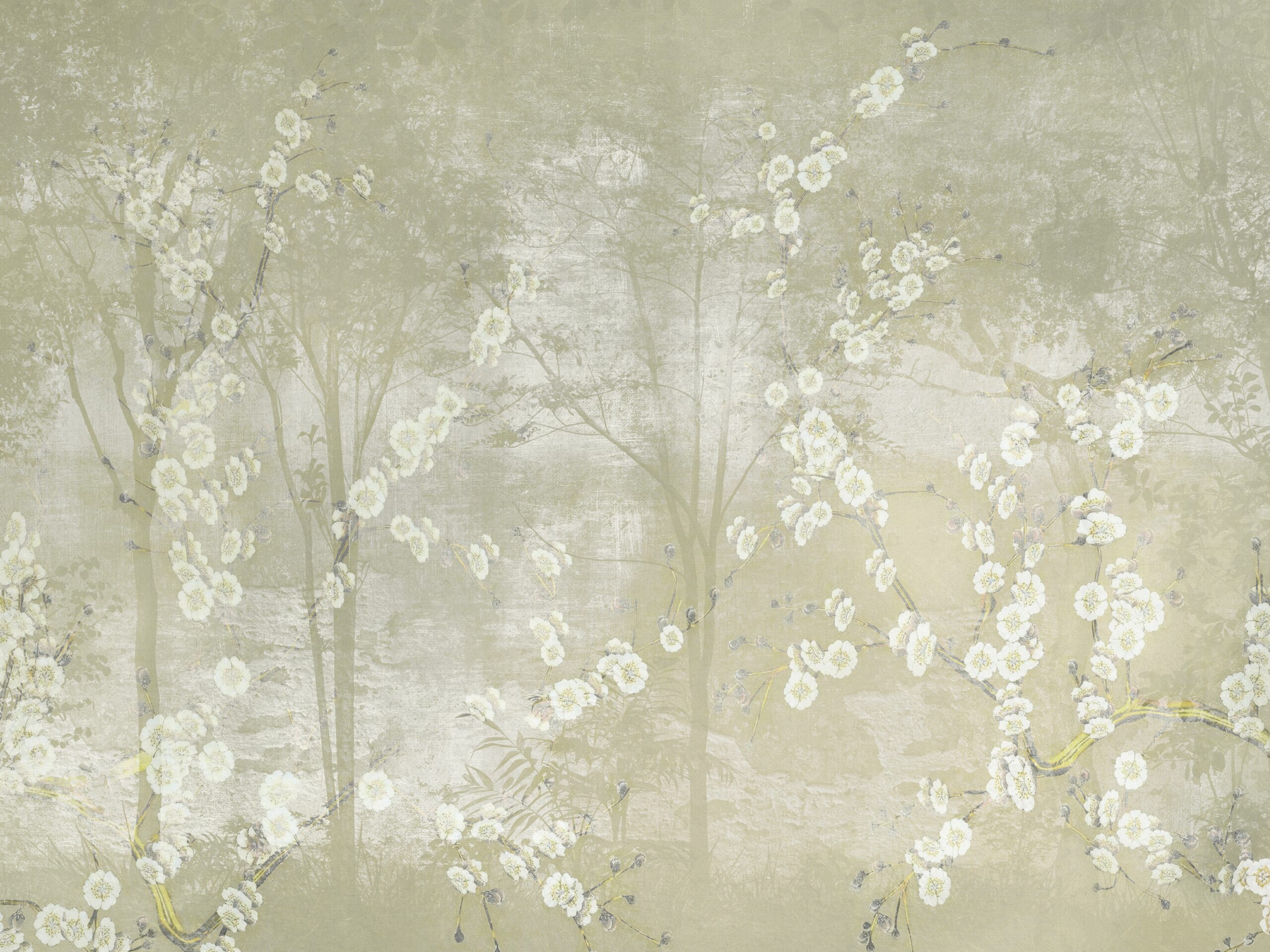 Decorative,Flowering,Tree,With,Flying,Cranes.,Mural,,Wallpaper,For,Interior