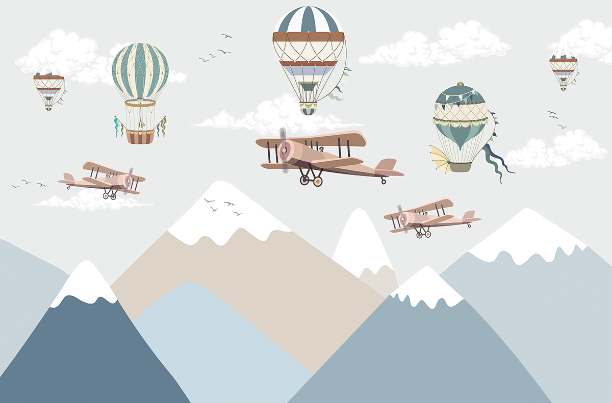 Wallpaper,Mountains,With,Balloons,And,Airplanes,,Planes,,Mountains,,Landscape,,Digital,