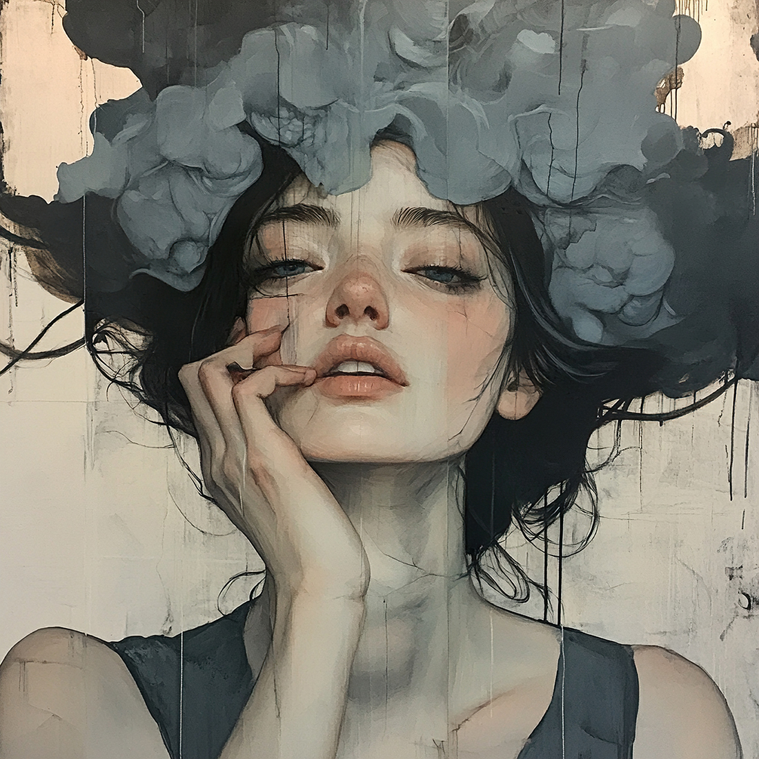 Pensieve Woman: A Dreamy Portrait in Hues of Blue