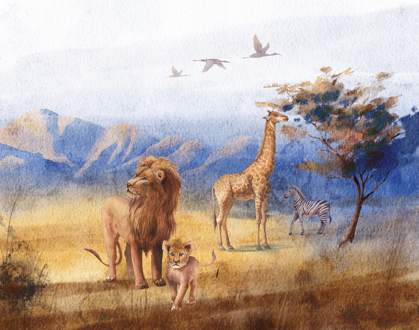 Watercolor landscape: african savannah. Hand painted nature view