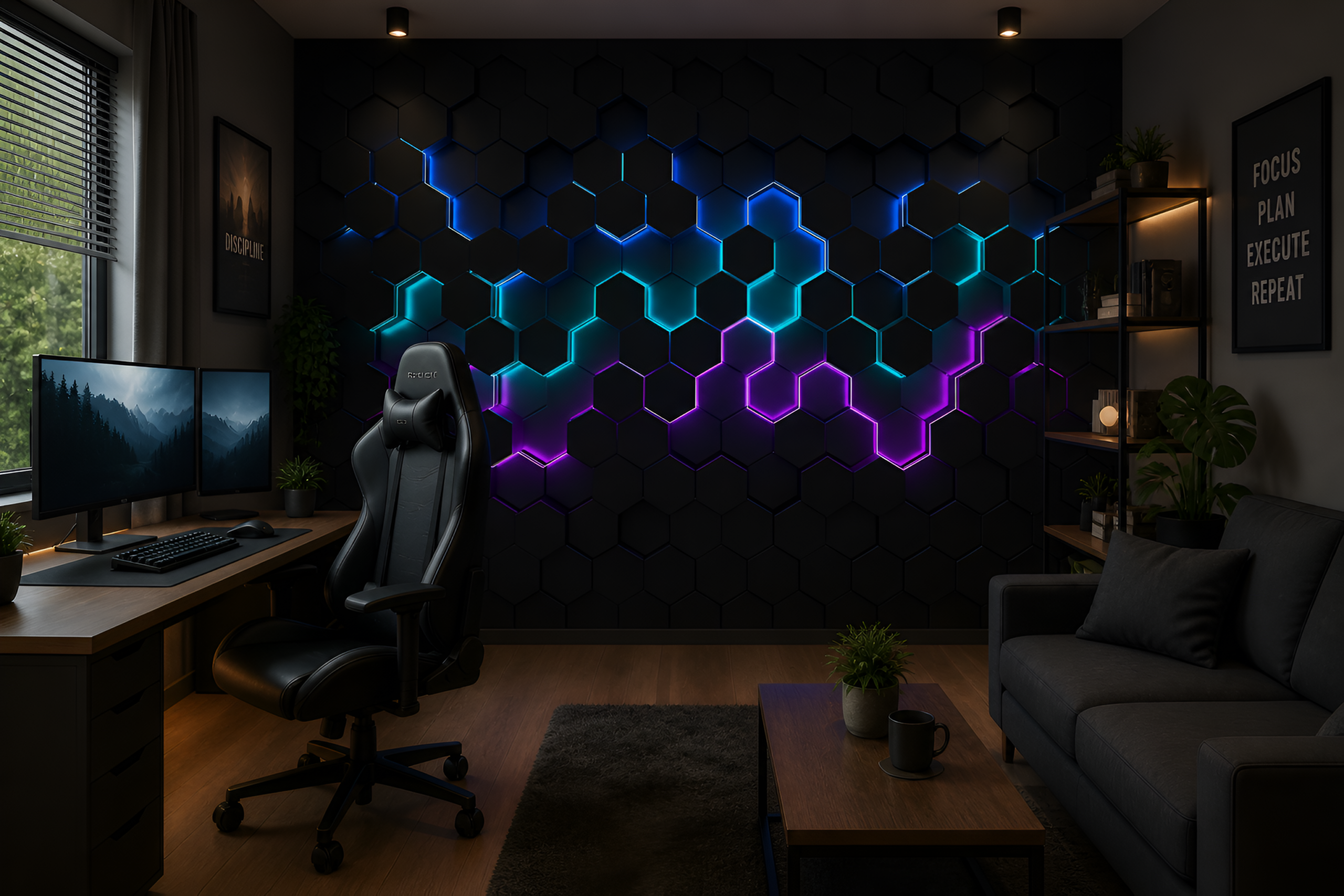Fototapeten Neon-Sechsecke 3D