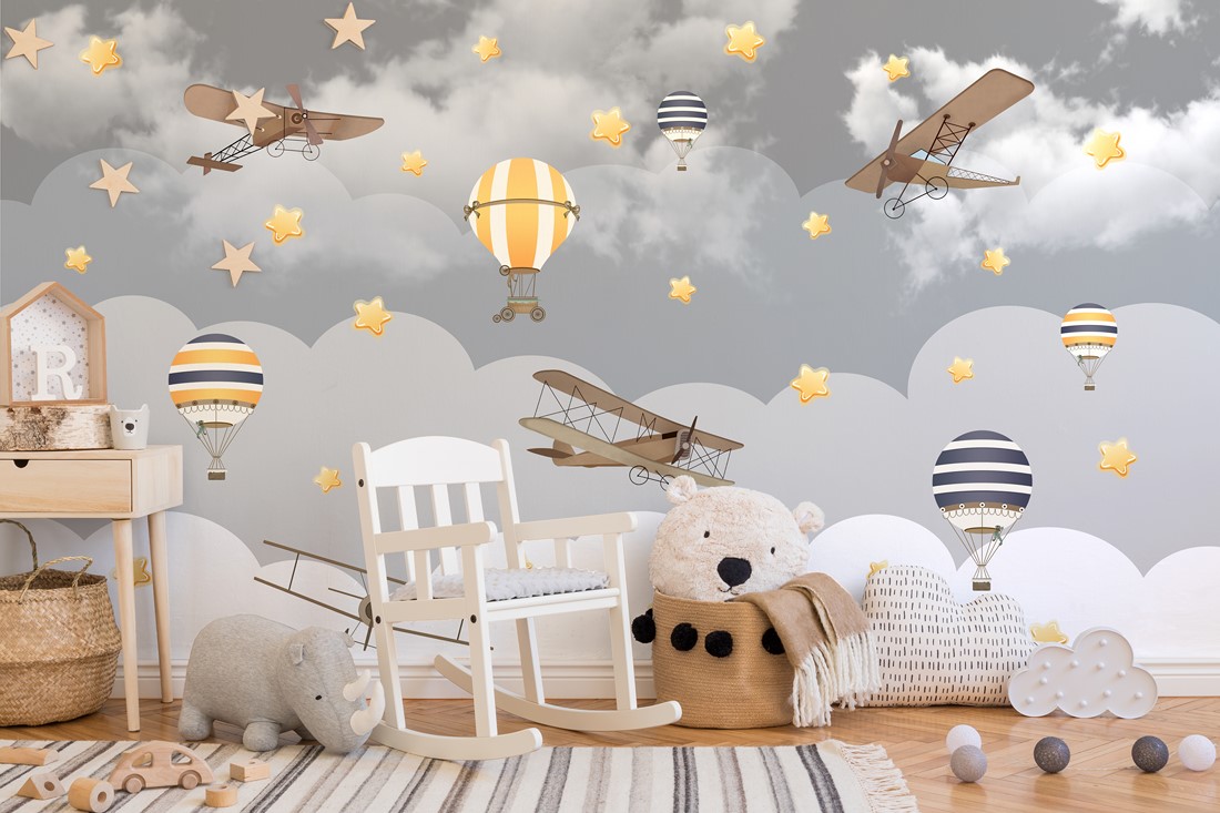 Fototapeten Ballons und Flugzeuge in den Wolken