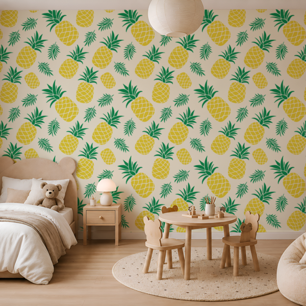 Fototapeten Gelbe Ananas und grüne Blätter auf beigem Hintergrund